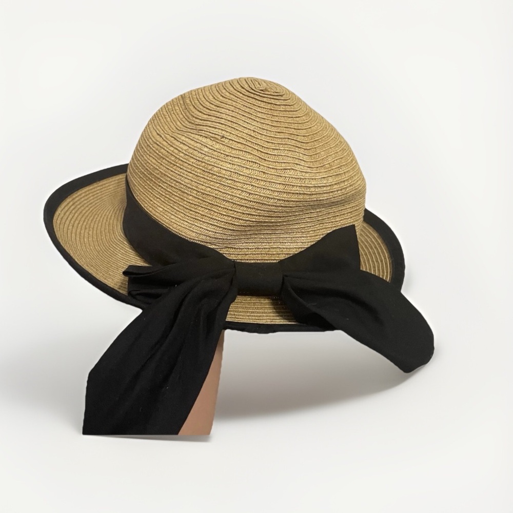 SunN’Sand Tan and Black Straw Hat with Elegant Ribbon